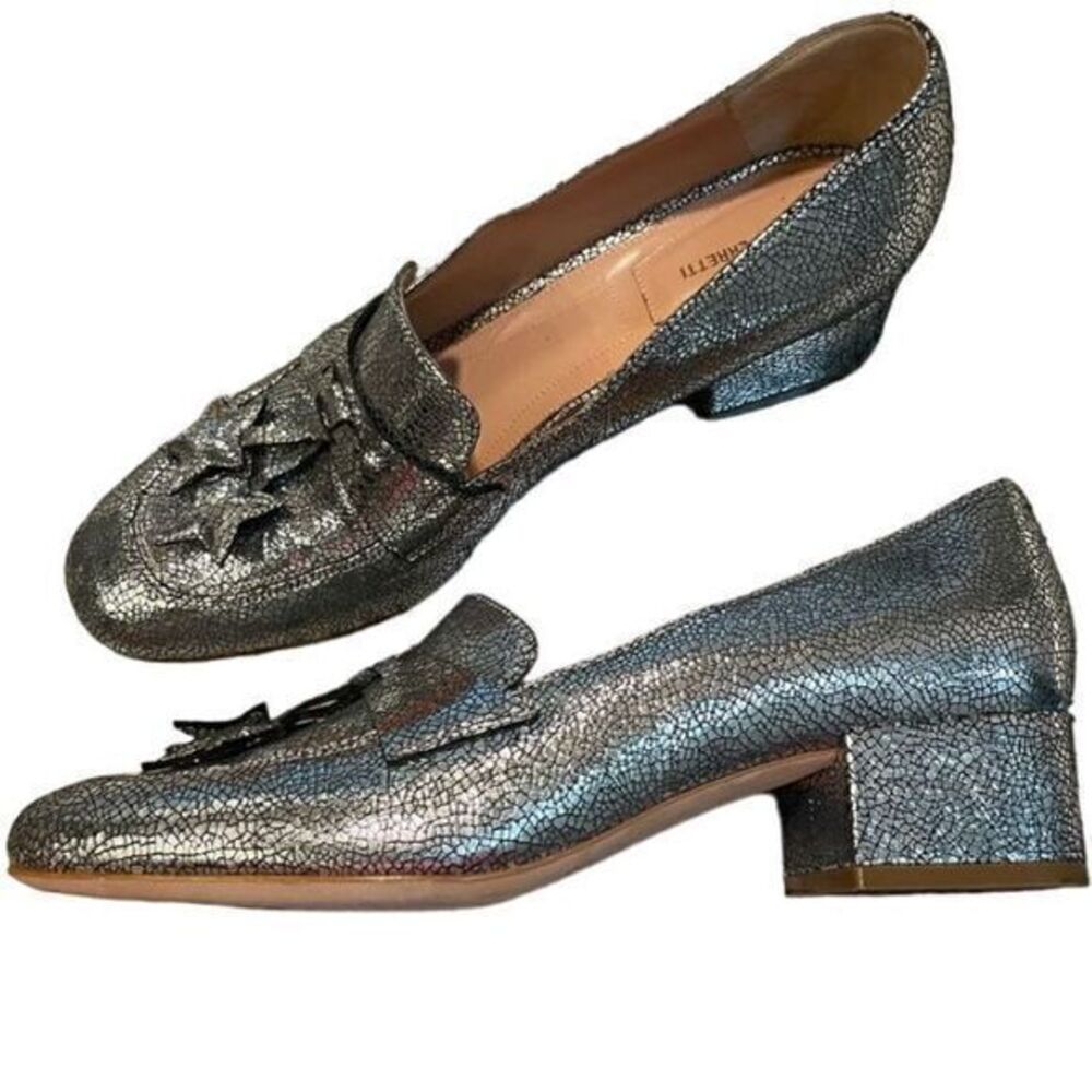 Alberta Ferretti Silver Metallic‎ Loafers Star Tassel 8 IT38 Block Heel Italian
